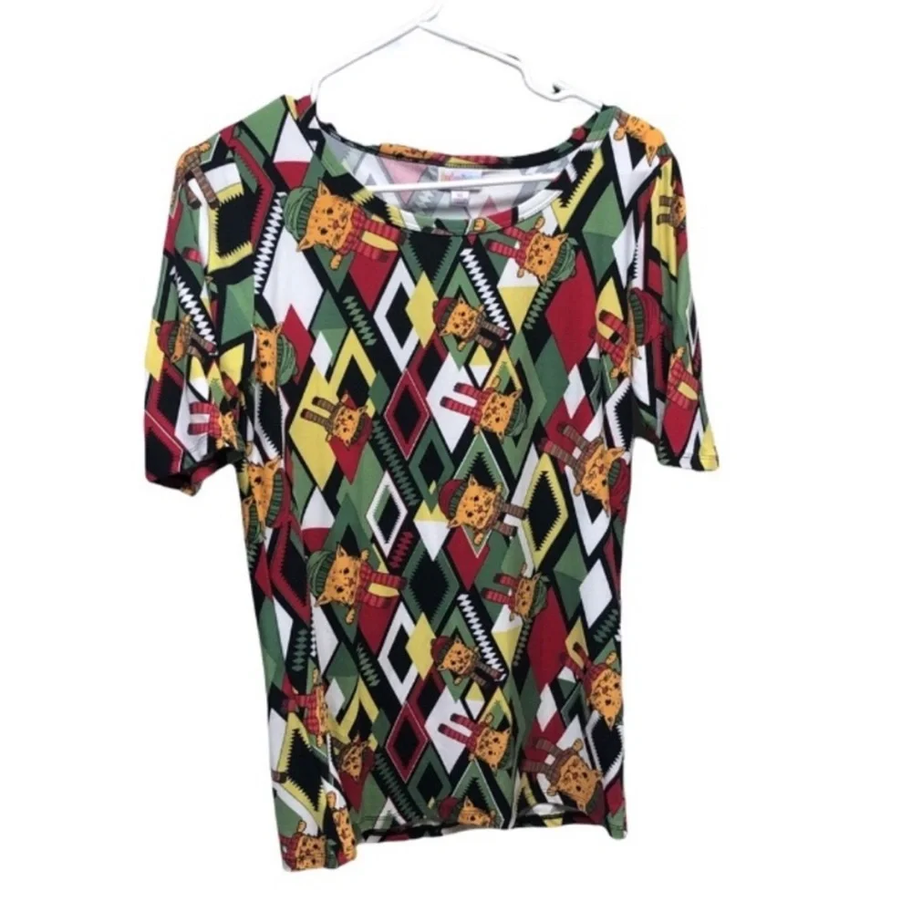 LULAROE Multicolor Geometric CHRISTMAS Cat Short Sleeve TOP Size Medium - Picture 1 of 10
